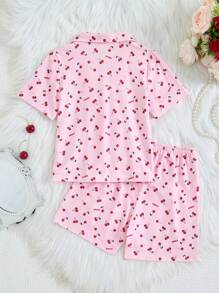 2pcs/Set Young Girl Cherry Pink Fabric Short Sleeve Top & Casual Shorts Pajamas Pj Set Young Girls Clothing Sets Summer Clothes - Pink - View 2