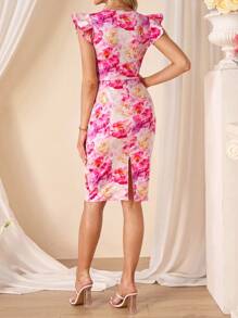 Ellevyn 优雅花卉印花修身中长连衣裙，飘袖，浪漫婚礼活动，茶会礼服，女士夏季连衣裙 女士优雅夏季服装 度假服装 波西米亚风女装 复活节服装 女士婚礼宾客礼服 女士婚礼宾客礼服 花卉褶边 - 彩色 - 查看 3