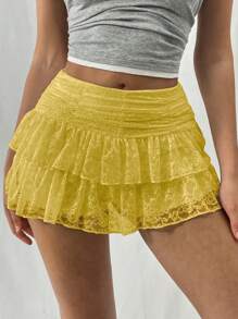 EgrlEra Women's Fashionable Sweet Solid Color Double-Layered Lace White Mini A-Line Skirt Y2K 