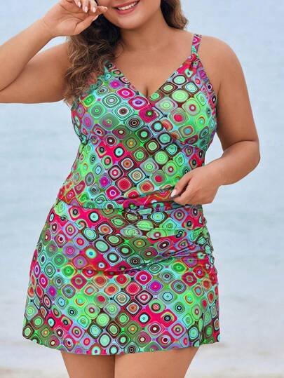 Swim Lushoire Plus Size Women 2pcs Random Floral Print Tankini Swimwear Set With Skirt, Casual Beach & Resort Wear For Summer Beach Vacation