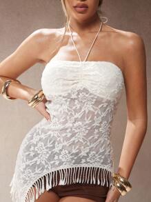 Hauture 性感音乐节半透明不对称露背中长款流苏下摆上衣 - 杏色 - 查看 5