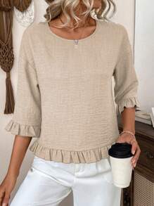 LanaWest Women's Spring/Summer Fashion Casual Linen Blouse, Loose Fit Dolman Sleeve Round Neck, Blue Woven Fabric With Sleeve & Hem Ruffle Details, Suitable For Vacation