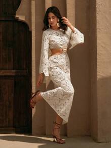 Anewsta Váy Maxi Tay Dài Dệt Kim Đi Biển Phong Cách Boho Cho Nữ, Mùa Hè - trắng - Xem 1