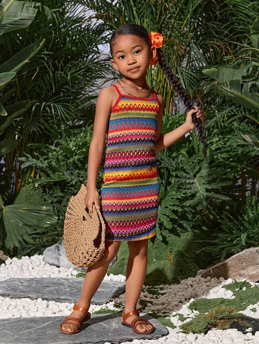 SHEIN Leap Crew SLAYR KIDS Young Girl Cute Geometric Knit Jacquard Sundress For Summer Holiday Mommy And Me Matching Outfits(3 Pieces Are Sold Separately) - Multicolor - View 1