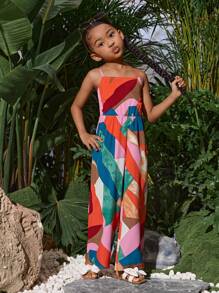 Young Girl Geometric Pattern Spaghetti Strap Casual Holiday Beach Forest Vacation Jumpsuit, Spring/Summer - Multicolor - View 3