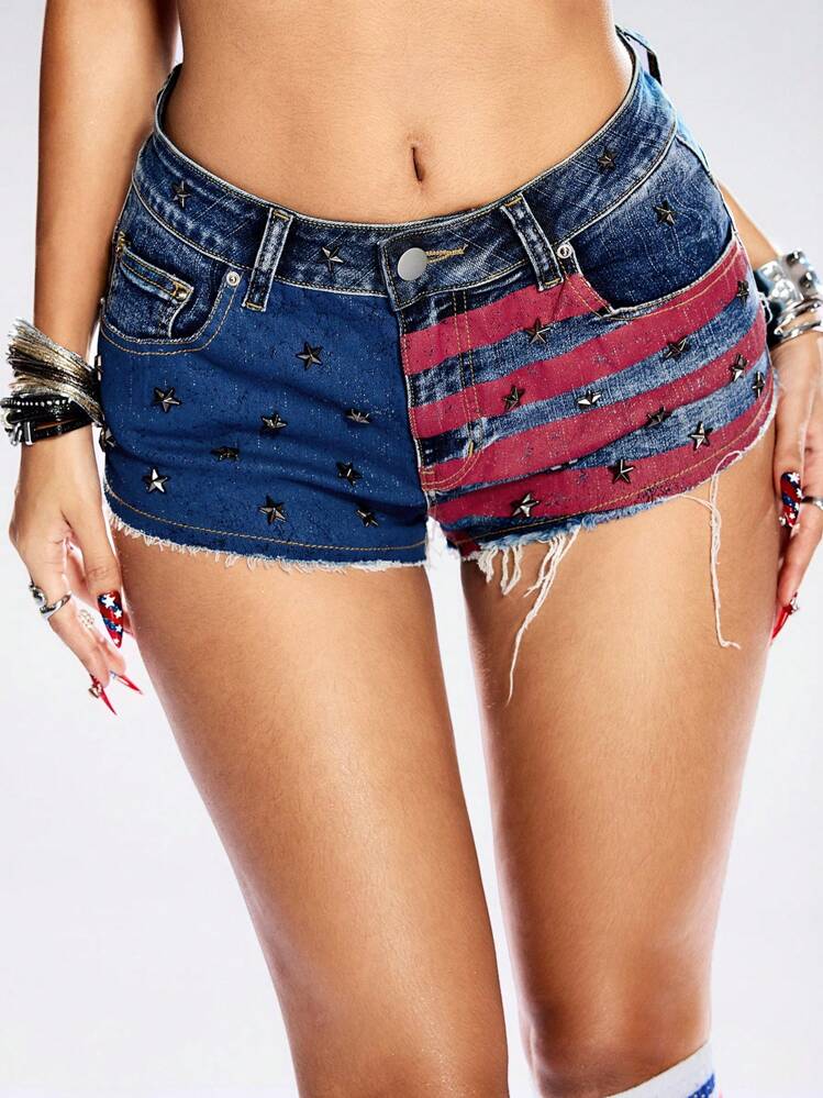 ROMWE Avant Shorts vaqueros de mujer con diseño de rayas y estrellas de la bandera del país, de talle extra bajo y súper cortos, apropiados para festivales de música y el 4 de julio