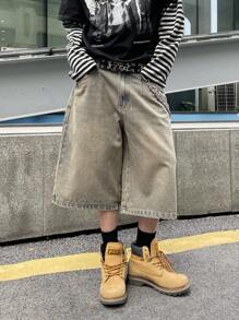 PAVTROS 男士休闲水洗阔腿牛仔短裤 - 銅色 - 查看 3