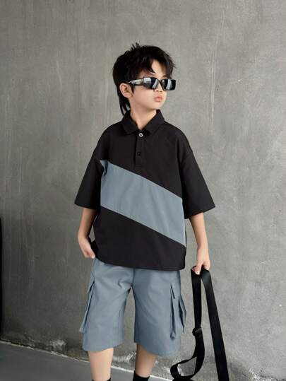 SHEIN 2 件装儿童青少年男孩休闲拼色马球领半拉链套头 T 恤和宽松纯色松紧腰短裤套装