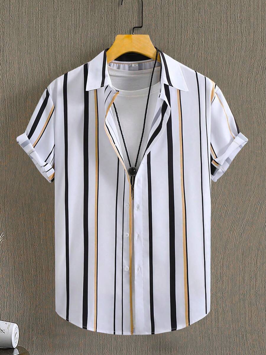 Manfinity Homme 男士条纹印花前扣休闲短袖衬衫（散落印花）男士漂亮衬衫男士夏季衬衫男士设计师衬衫男士服装衬衫 - 彩色 - 查看 1