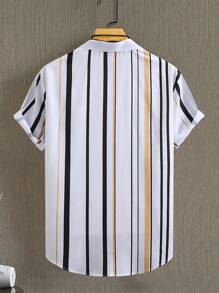 Manfinity Homme 男士条纹印花前扣休闲短袖衬衫（散落印花）男士漂亮衬衫男士夏季衬衫男士设计师衬衫男士服装衬衫 - 彩色 - 查看 2