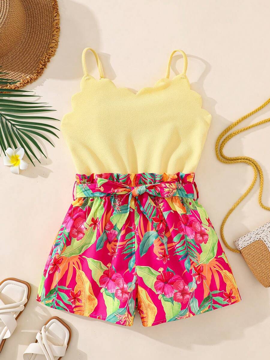 SHEIN Tween Girls' Casual Summer Vacation Floral Edge Camisole Patchwork Tropical Plant Floral Print Belted Romper