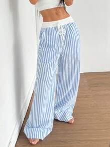 SHEIN EZwear Women's Drawstring Waist Striped Wide Leg Loose Casual Pants, Versatile