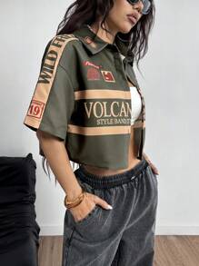 Coolane Women's Ricing Back To School Festival Sport Graphics Crop Loose Green Shirts,Short Sleeve Tops - Army Green - View 3