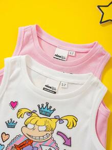 Nick 90s | SHEIN Young Girl 2pcs Cute Heart Pattern Knit Ribbed Sleeveless Summer Tank Tops, Multiple Pieces - Pink - View 7