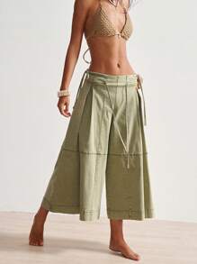 Bohemela Plus Size Solid Color Drawstring Waist Casual Loose Wide Leg Pants