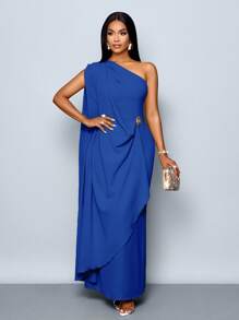 SOLERSUN 女士时尚优雅垂坠单肩长裙，配金色饰边细节