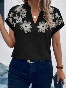 SHEIN LUNE 大码女式编织休闲常规夏季衬衫 - 黑色 - 查看 3