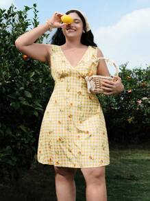 SHEIN MOD Vestido sin mangas con estampado floral retro para talla grande, adecuado para citas, uso casual diario y picnics, verano - Vestidos de verano para mujer, ropa de mujer para vacaciones, vestidos de Pascua, vestidos amarillos, vestidos de playa, vestidos bohemios