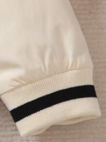 SHEIN 男童图案马匹印花条纹滚边保暖棒球夹克，时尚秋冬款 - 杏色 - 查看 5