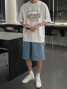 DAZY Mountain Scenery & Letter Print Grey T-Shirt For Men, Summer - Grey - View 2