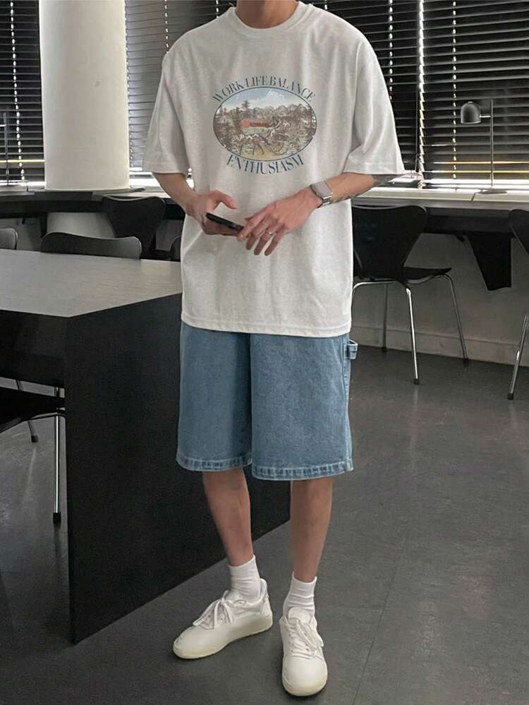 Mountain Scenery & Letter Print Grey T-Shirt For Men, Summer