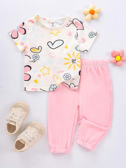 SHEIN 2 件装幼儿女孩可爱蓝色花卉印花短袖 T 恤和松紧腰裤套装，休闲装适合春秋季户外玩耍或日常穿着