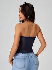 SHEIN PETITE Lettuce Trim Drawstring Sides Asymmetrical Hem Asymmetrical Two Pieces Top - Navy Blue - View 2