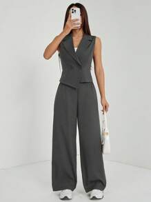 SHEIN PETITE 兩件套秋季女裝 2件/組 素色無袖上衣與長褲，商務休閒女裝，夏季套裝，適合嬌小女性 - 灰色 - 查看 3