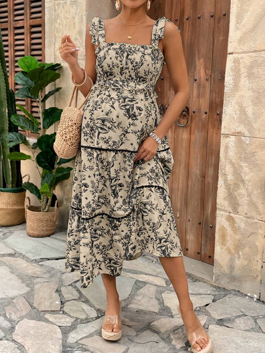 Lyckli Maternity Summer Vacation Full Print Halter Neck Tie Strap Dress Suitable For Summer - Black - View 1
