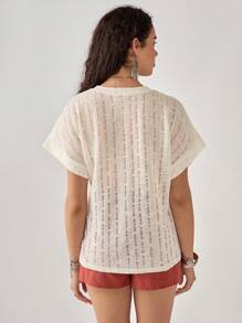 Florisole Bohemian Casual Vacation Solid Color Hollow Out Round Neck Raglan Sleeve T-Shirt For Women
