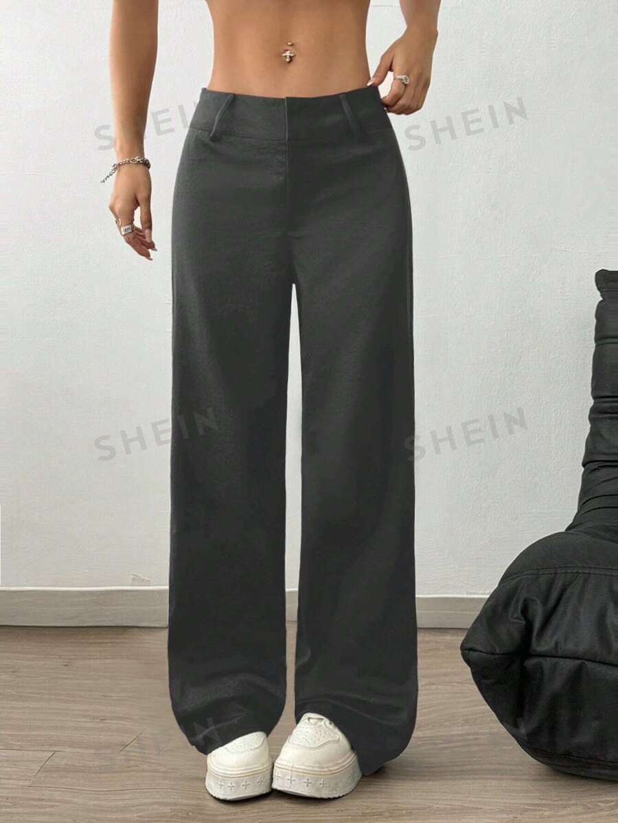 Flirla Pantalones casuales anchos de cintura baja de unicolor para mujeres