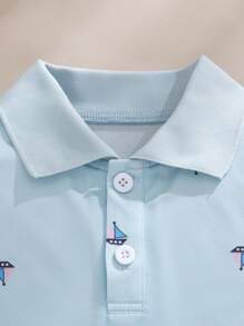 Souflis Souflis New Toddler Boys Summer Simple Fashion Polo Shirt With Ribbed Collar And Cuffs, Cute Boat Print And Striped Shorts, Stylish Suit - Multicolor - View 8