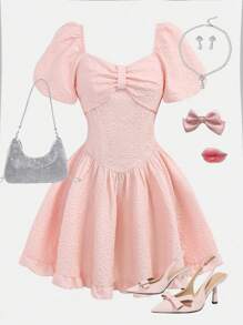 Girlism Teen Girl Retro Ruffled Hem Bowknot Decor Puff Sleeve A-Line Dress, Ruffle Waist Gathered, French Style, Pink, Suitable For Spring/Summer, Vacation, Party, Birthday, Holiday
