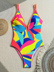 BamGleam Casual Minimalist Multicolor Print One-Piece Swimsuit, For Summer Beach Vacation