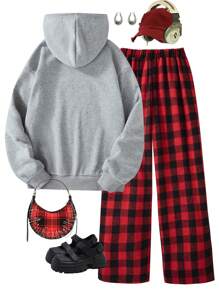 SHEIN Explorewe 2 件套青少年女孩字母和格子印花休闲套头衫和裤子套装，秋冬 - 彩色 - 查看 2