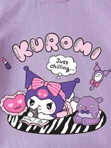 HELLO KITTY AND FRIENDS | SHEIN Ung flicka Casual mönster kortärmad T-shirt, lämplig för sommaren - Violet - Visa 3