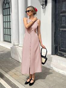 Pariaura 优雅法式单排扣纯色无袖系带女式连衣裙 - 淺粉色 - 查看 3