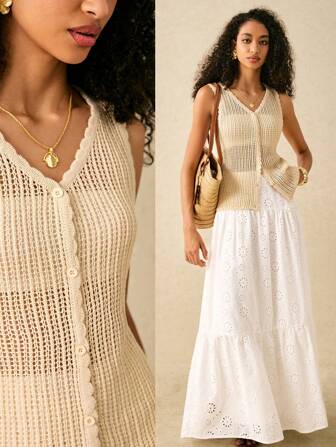 Poéselle 女式钩针镂空背心 纽扣针织上衣 度假沙滩装 杏色女式针织上衣 女式度假休闲纯色镂空无袖针织开衫 夏季女式夏季上衣 波西米亚风沙滩女式 Poeselle 背心 春季女式夏季女式夏季女式上衣 春季上衣 女牛仔女式夏季春季 Y2k 波西米亚风上衣