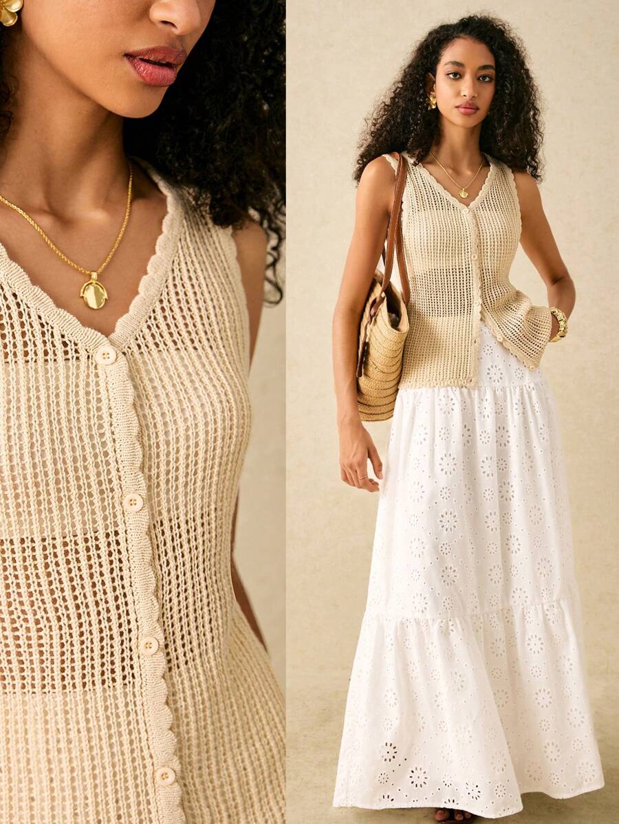 Poéselle Vestă croșetată cu nasturi, tricotată, top pentru vacanță, ținută de plajă, culoare caisă, top tricotat pentru femei, stil casual de vacanță, solid, cu scobituri, fără mâneci, cardigan tricotat, vară, femei, topuri de vară, stil boho, plajă, femei, poeselle, maiou, primăvară, femei, vară, femei, vară, femei, topuri de primăvară, topuri cowgirl, femei, vară și primăvară, topuri Y2K, boho - Kaki - Vizualizare 1