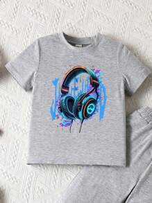 Toddler Boys 3D Headphone Print Crew Neck Short Sleeve Grey T-Shirt Boy Clothes For Kids Young Boys T Shirts Graphic T Shirts Kids - Grey - View 2