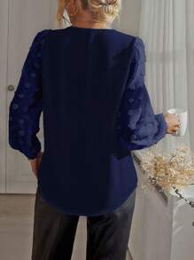 Plus Size Women Solid Color V-Neck Elegant Long Sleeve Top Fall Cloth For Women - Navy Blue - View 2