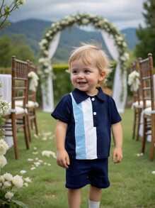 Bộ 2 áo thun polo và quần short cho bé trai/bé gái, áo polo khối màu bất đối xứng, thiết kế mở phía trước tiện lợi, thích hợp mặc ở nhà, chơi ngoài trời, tiệc tùng và mọi dịp - Màu xanh lam - Xem 1