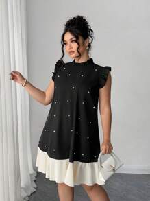 Elenzga Plus Size Fashionable Casual Colorblock Ruffled Pearl Trim Midi Dress - Black - View 4