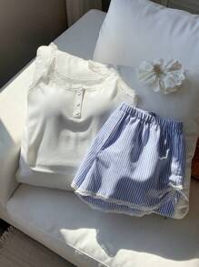 SHEIN Comfortcana 2pcs Women Summer Solid Color Lace Trim Cami & Striped Shorts Set - Blue - View 3