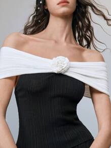 SHEIN LUNE Sexy Off-Shoulder Women's Knit Top With Black And White Contrast And 3D Floral Details, Slim-Fit Women's Sweater Knit Pullover Fall Winter - Black and White - View 3