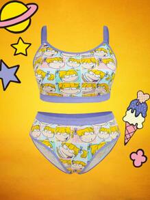 Nick 90s X SHEIN Plus Size Zachte & Schattige Cartoon Patroon Trim Draadloze BH en Slip Lingerie Set