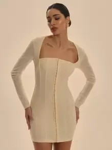 MUSERA Vestido mini de manga larga con cuello cuadrado, con boning, ajustado, con gancho y ojal, de malla, sexy, elegante, para fiesta, vacaciones y ocasiones especiales - Amarillo - Ver 1