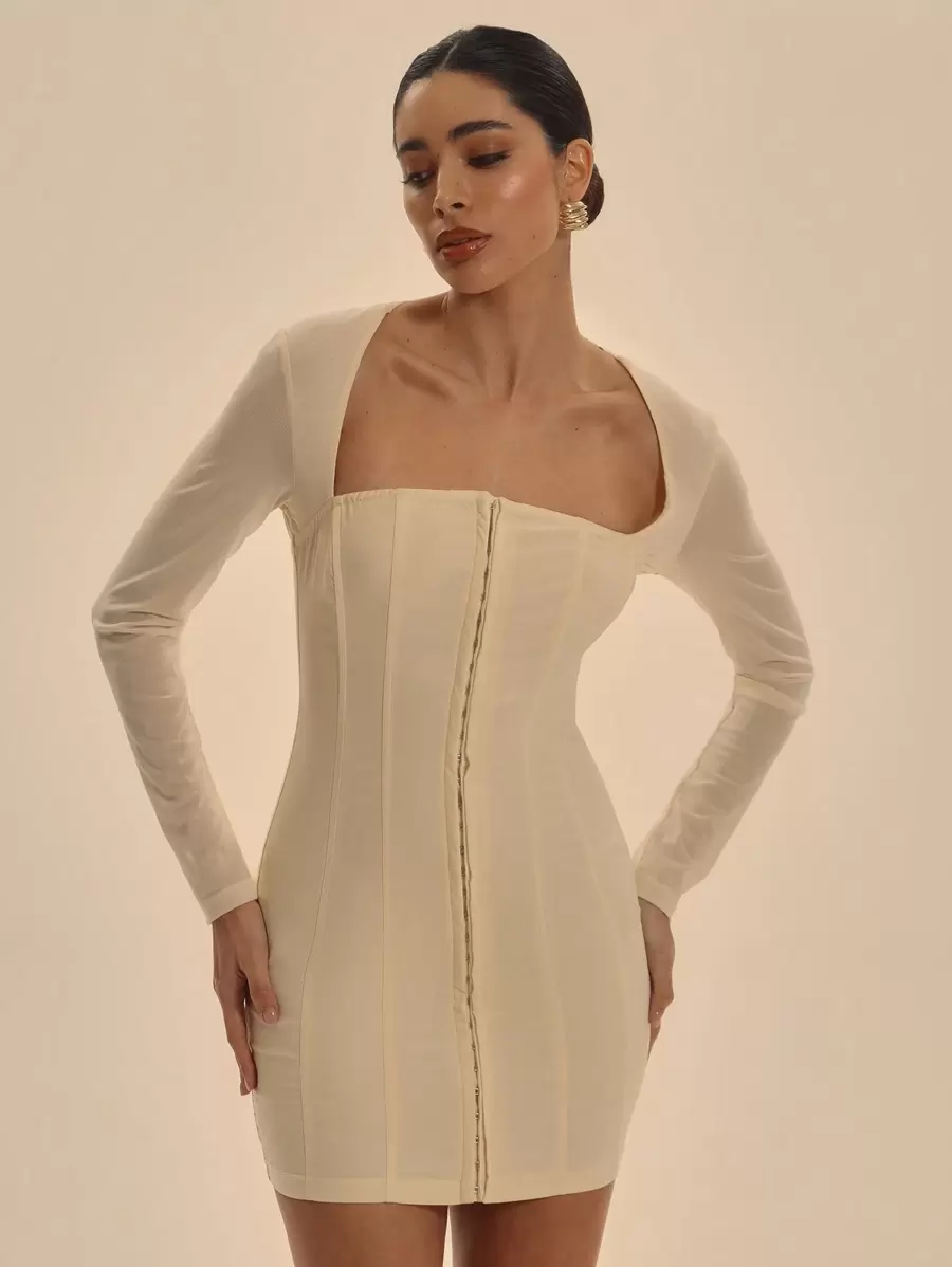 MUSERA Vestido mini de manga larga con cuello cuadrado, con boning, ajustado, con gancho y ojal, de malla, sexy, elegante, para fiesta, vacaciones y ocasiones especiales - Amarillo - Ver 1