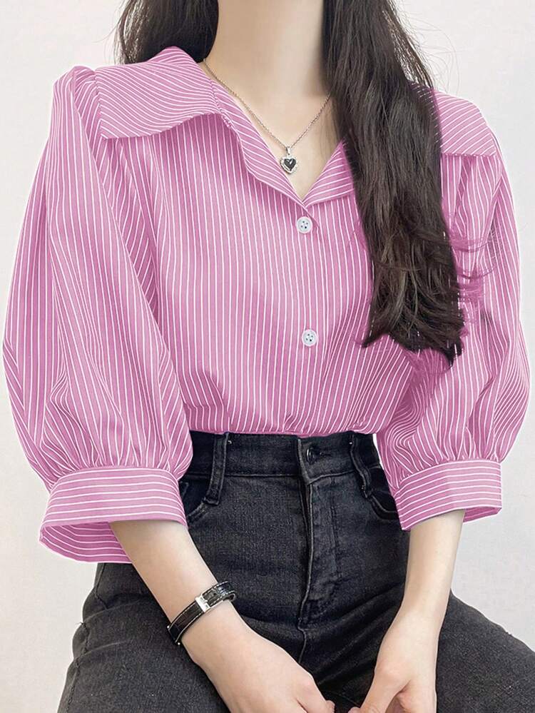 Women Striped Turndown Collar Lantern Sleeve Loose Blouse, Spring/Summer/Autumn