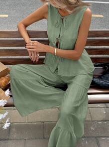 2pcs/Set Women Solid Color Front Tie Sleeveless Shirt And Pants Set,Business Casual Woman,Summer Sets Green - Green - View 6